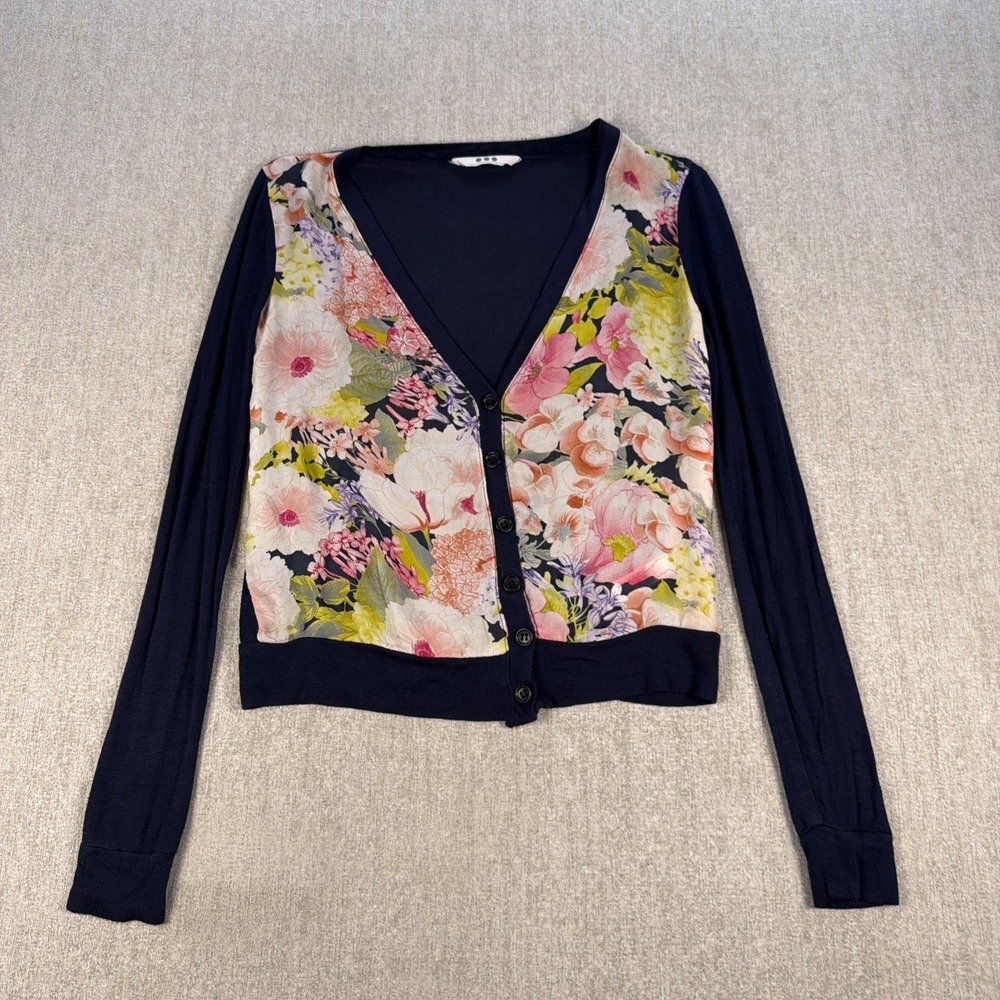 Three Dots‎ 100% Silk Chiffon Button Up Floral Cardigan XS Made in USA